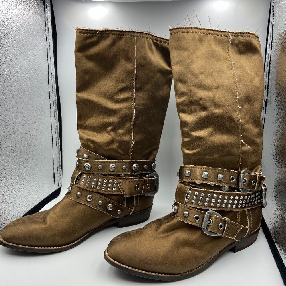 Guess Western Brown Satin Low Heel Mid Calf Buckle Rhinestone Boots Size 5.5